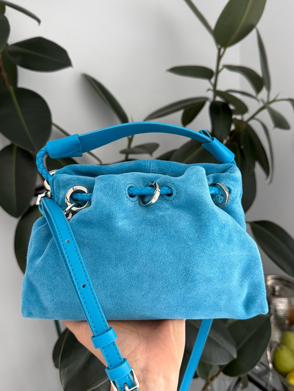 Turquoise Blue Suede Puffy Dumpling Drawstring Cloud Woven Detail Crossbody Bag